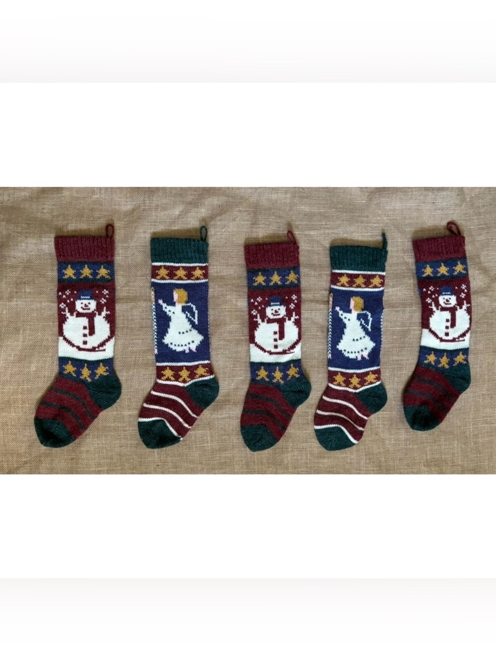 Vintage Knit Christmas Stocking Lot Snowman Angel Possibly Wool Rustic Cottage - Picture 3 of 6
